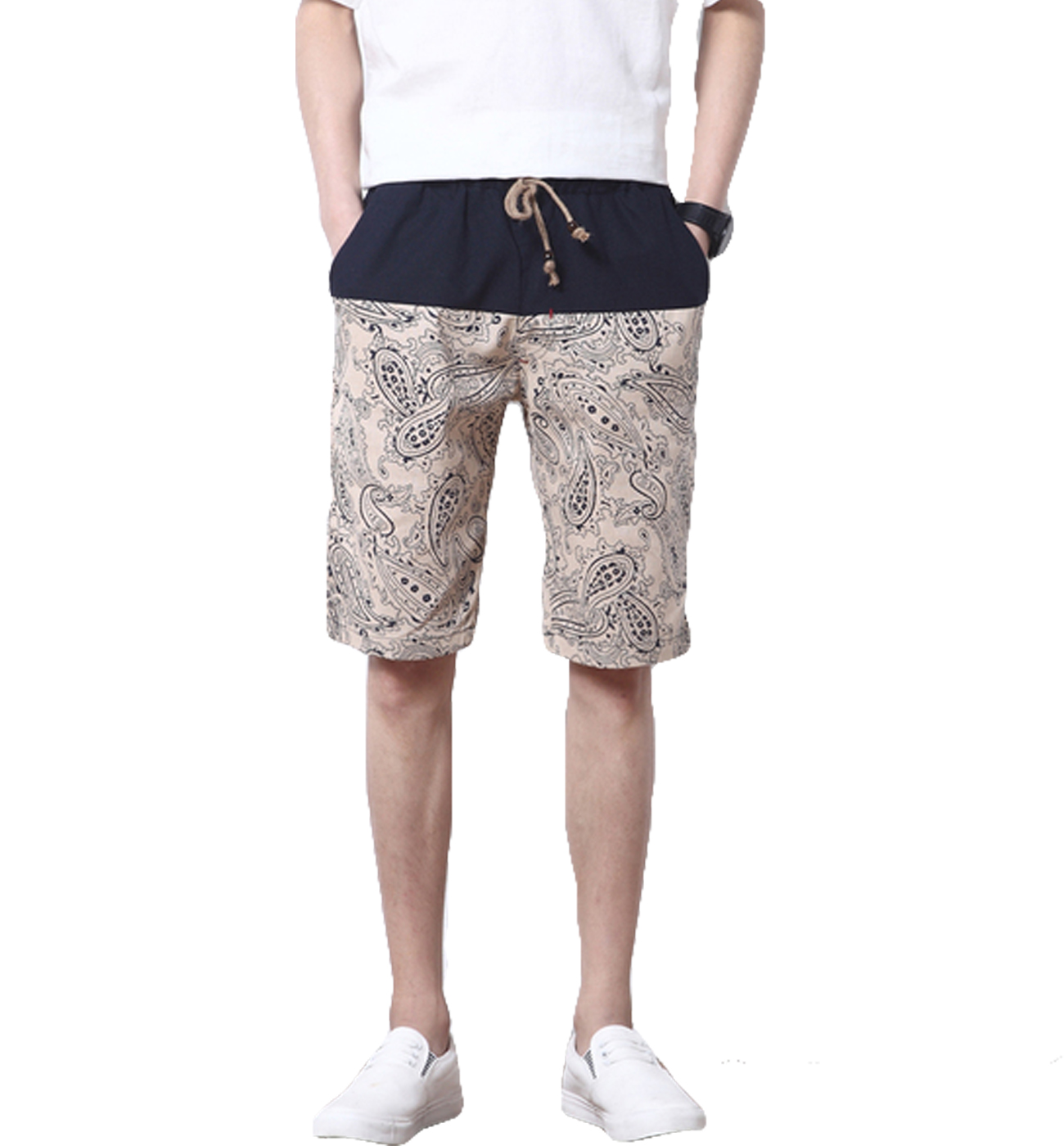 2023 Fashionable Black Tan Khaki Drawstring Mens Linen Blend Shorts | PILAEO